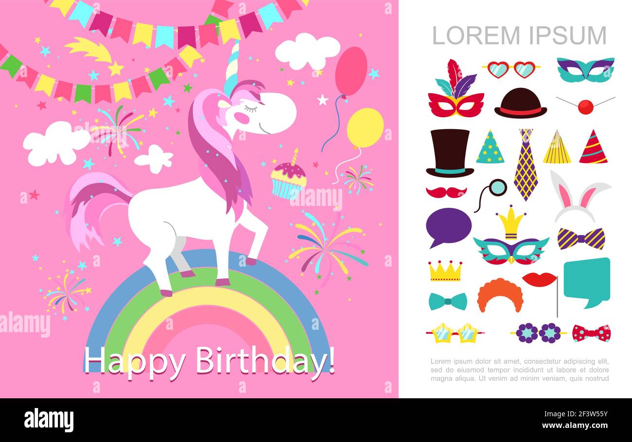 Concetto di festa di compleanno piatto con unicorno su palloncini  arcobaleno garland fuochi d'artificio maschera mascherata cappelli legami  bolle di parlato illustrazione vettoriale Immagine e Vettoriale - Alamy