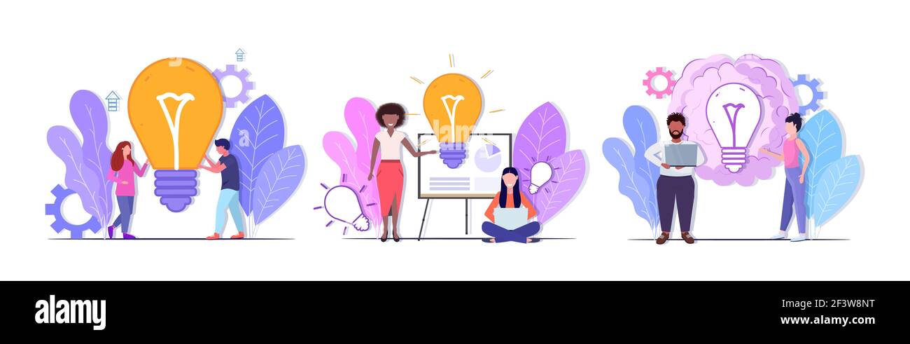 imposta gli uomini d'affari che tengono in testa soluzioni creative di successo per il lavoro di squadra idea brainstorm concetti raccolta mix razza uomini donne colleghi Illustrazione Vettoriale