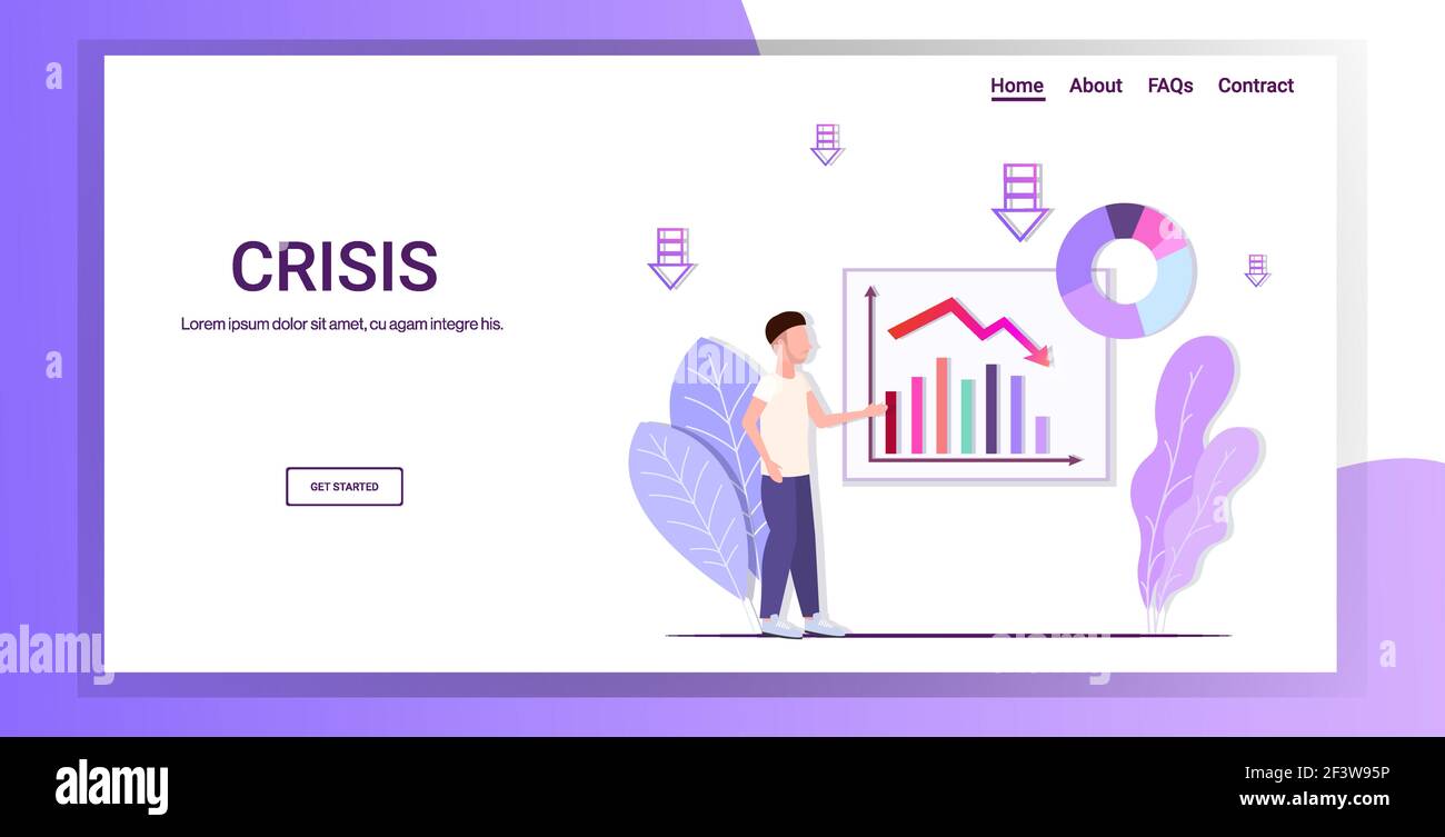 uomo d’affari che presenta una freccia economica al ribasso che sta cadendo in crisi finanziaria fallimento aziendale concetto di fallimento orizzontale copia a lunghezza intera Illustrazione Vettoriale