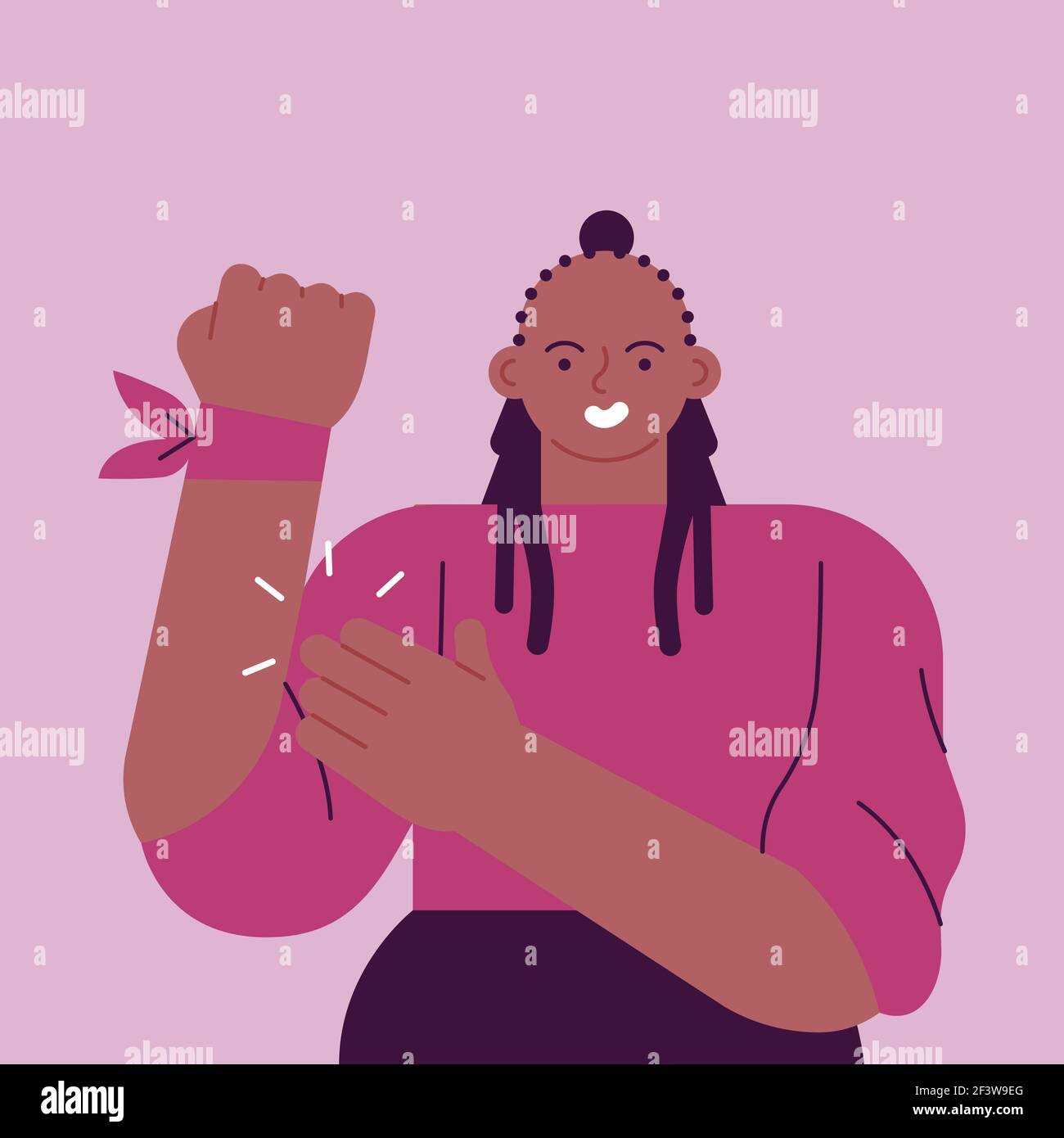 Felice giovane donna con le mani alzate vestite di rosa per il concetto di diritti delle donne o di uguaglianza. Carattere moderno piatto cartoon su sfondo isolato. Illustrazione Vettoriale