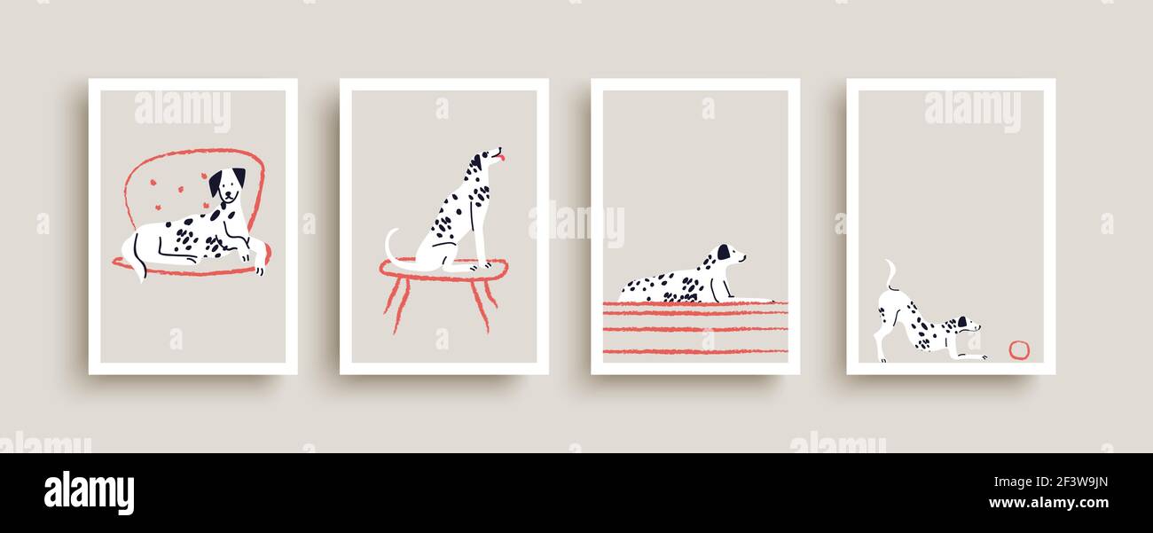 Carino cane dalmata illustrazione raccolta di animali domestici facendo pose divertenti. Cucciolo di cartoni animati disegnati a mano che gioca a casa in stile doodle piatto fatto a mano. Illustrazione Vettoriale