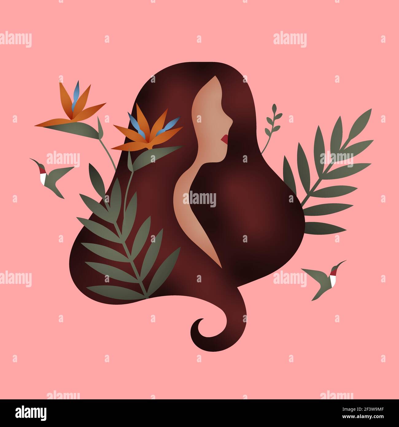 Bella giovane donna con capelli lunghi, fiori e decorazione foglia natura. Concetto di ragazza selvaggia su sfondo isolato. Illustrazione Vettoriale