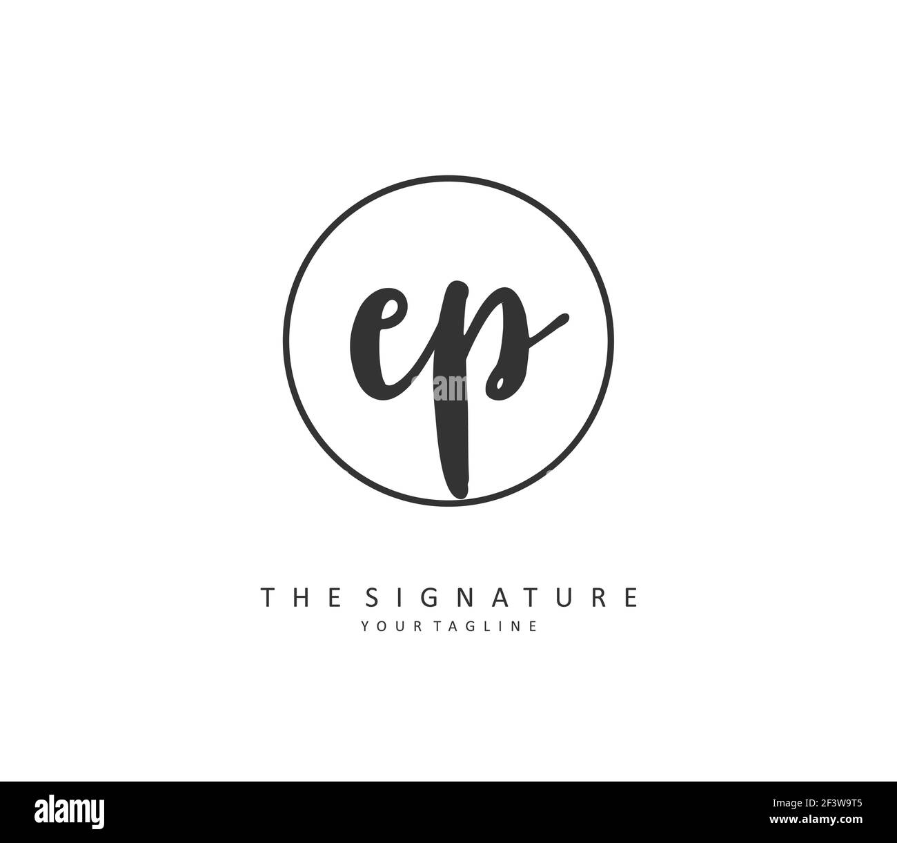 Scrittura a mano e logo della firma della lettera iniziale EP. Un logo iniziale di calligrafia concettuale con elemento modello. Illustrazione Vettoriale