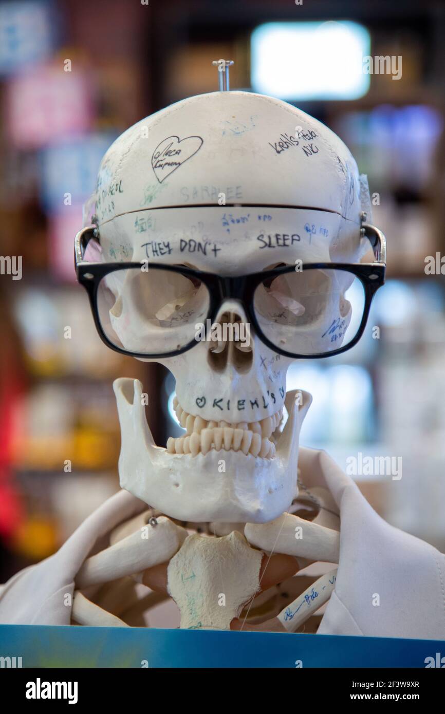 Primo piano di scrittura su cranio di uno scheletro umano in Un camice bianco e bicchieri neri Foto Stock