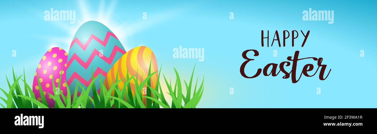 Immagine banner web vacanze di Pasqua, uova colorate dipinte che si nascondono dietro l'erba di primavera con messaggio di festa felice. Illustrazione Vettoriale