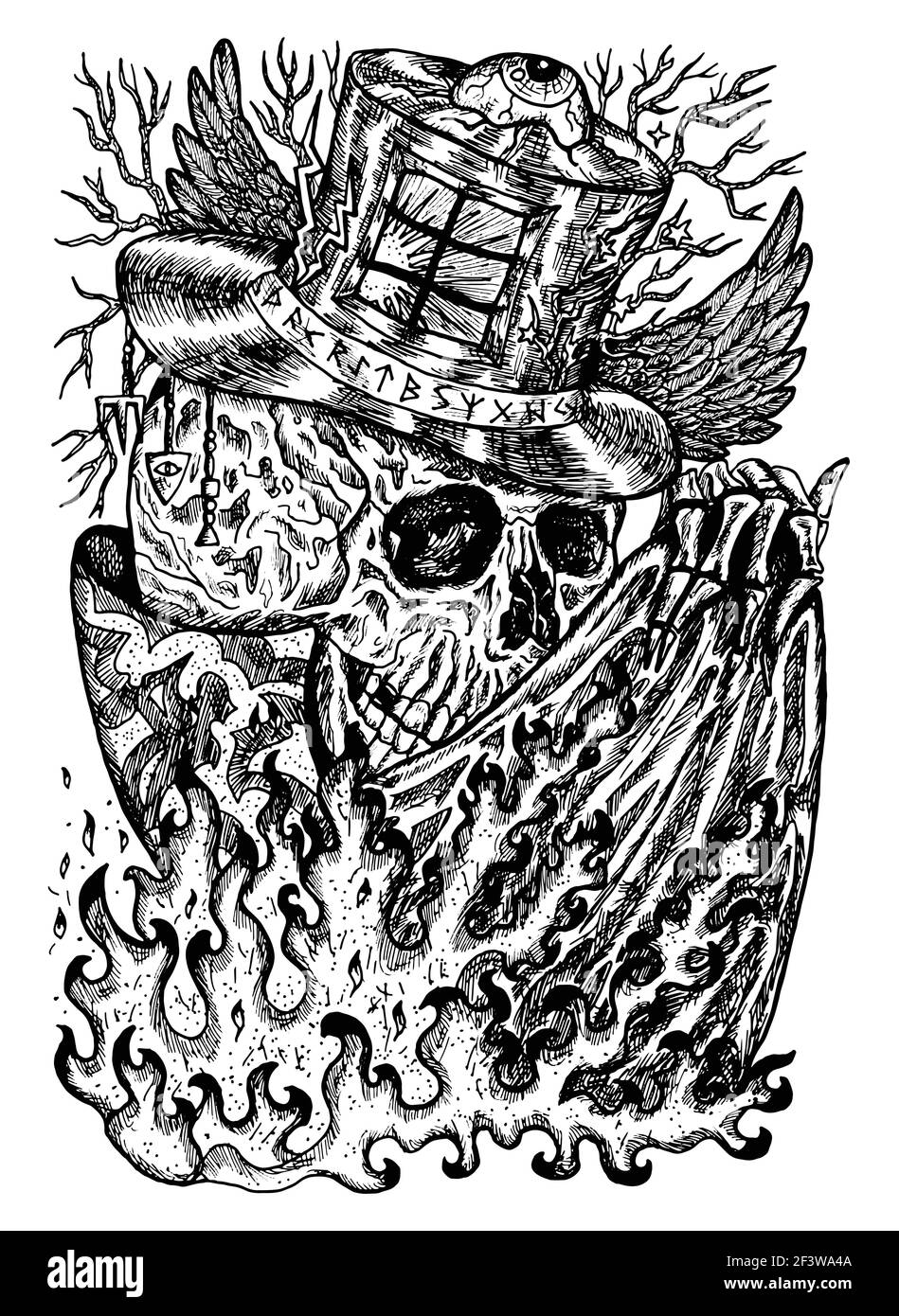 Illustrazione in bianco e nero con cranio che indossa illusionist, mago o cappello mago con fiamma su mantello. Sfondo mistico per Halloween, esoterico, go Illustrazione Vettoriale