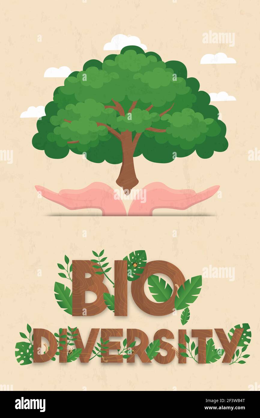 Biodiversità illustrazione verticale delle mani umane che tengono un grande albero verde. Cura della natura o concetto di campagna ecocompatibile. Illustrazione Vettoriale