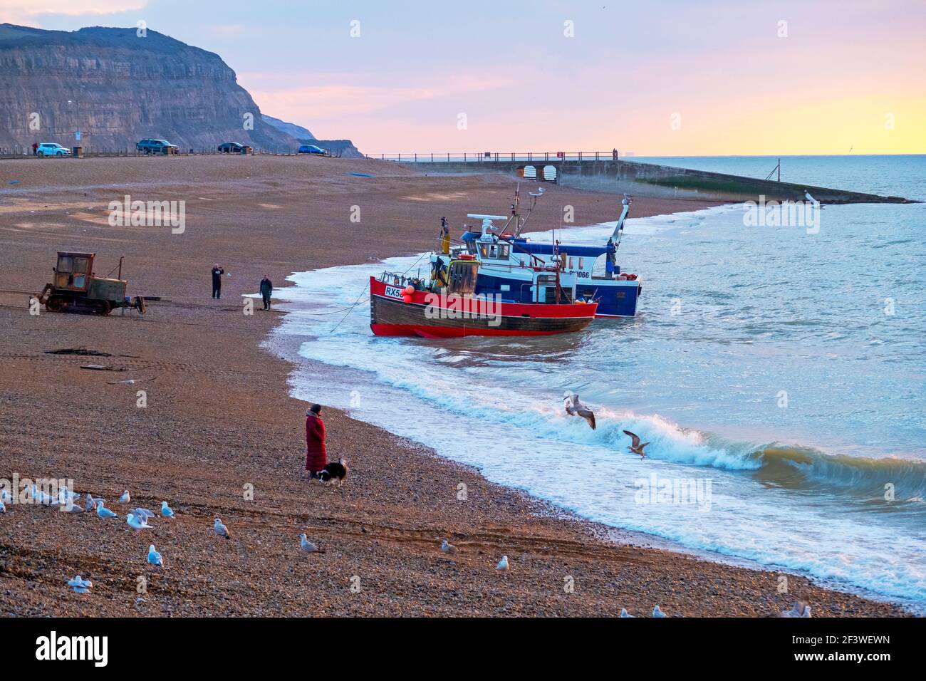 Barche da pesca atterrano all'alba per scaricare la cattura notturna, Hastings, East Sussex, UK Foto Stock