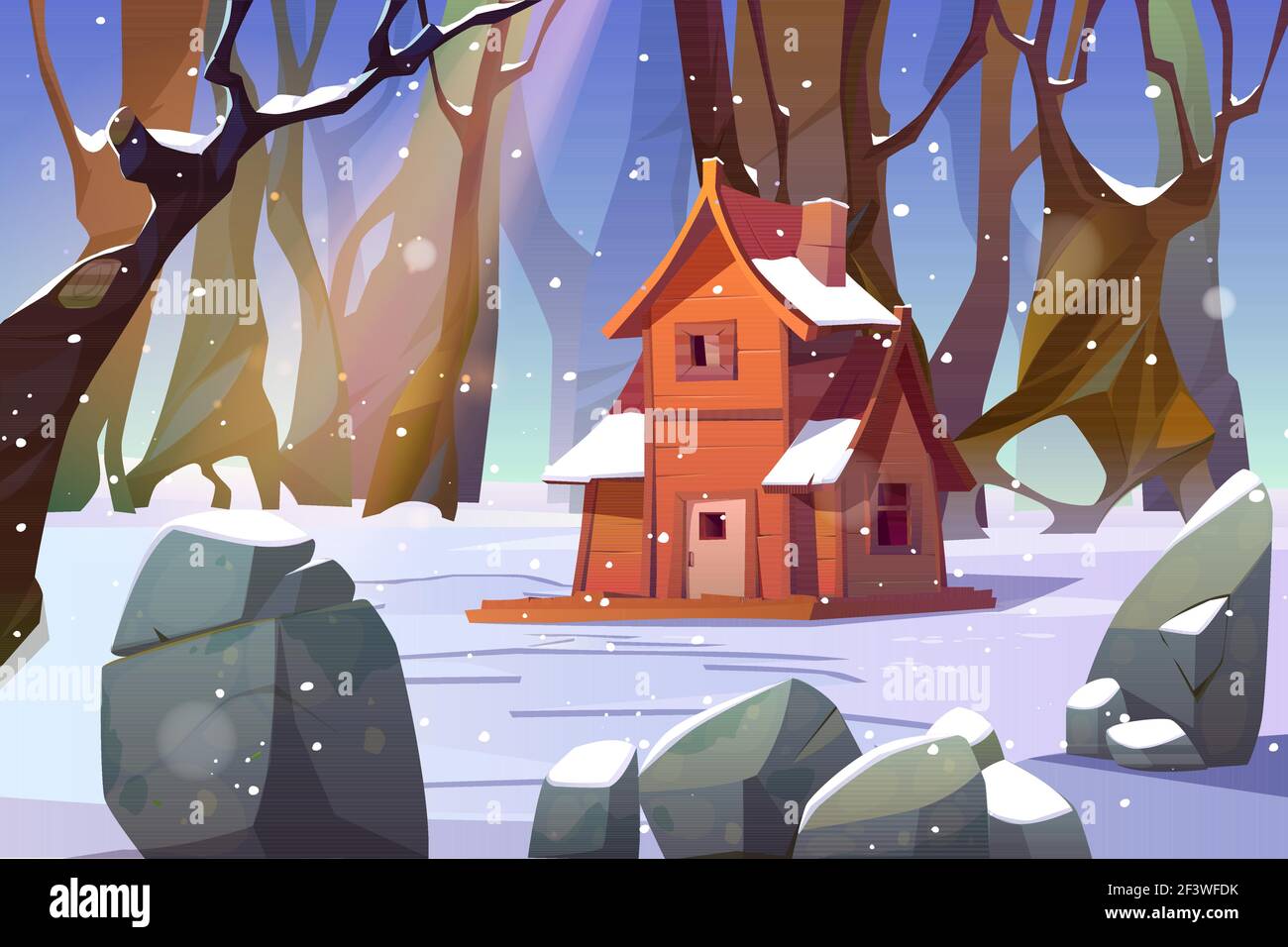 Casa di legno nella foresta invernale. Vecchio shack in legno Illustrazione Vettoriale