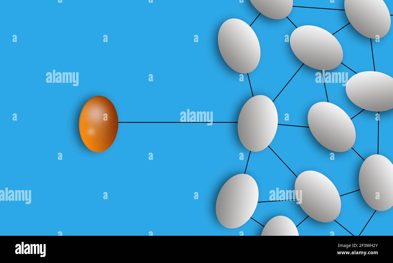 Il concetto di connessione e leadership delle uova su sfondo blu, illustrazione concettuale della comunicazione leader Golden Egg che conduce le uova bianche identiche Foto Stock