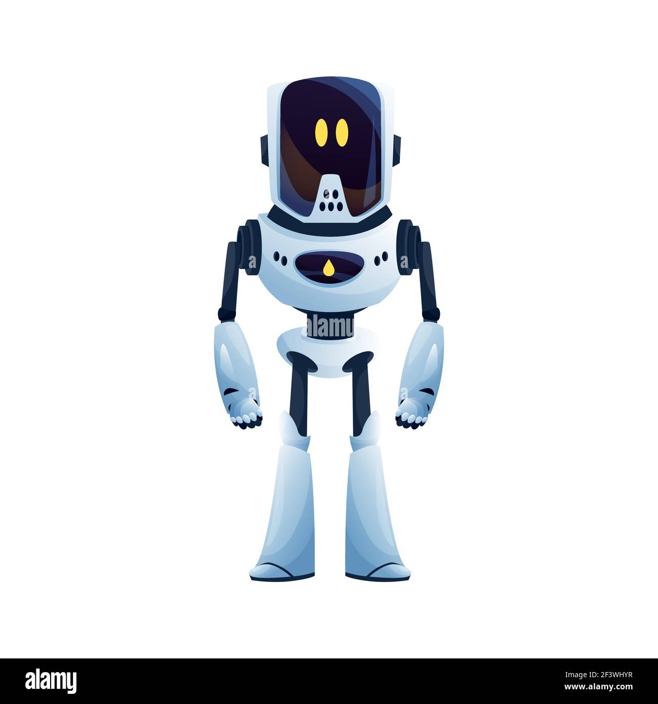 Robot intelligenza artificiale cyborg isolato carattere futuristico con grandi occhi in mostra. Vettore sofisticato android helper intelligente. Ai bot, artifi Illustrazione Vettoriale