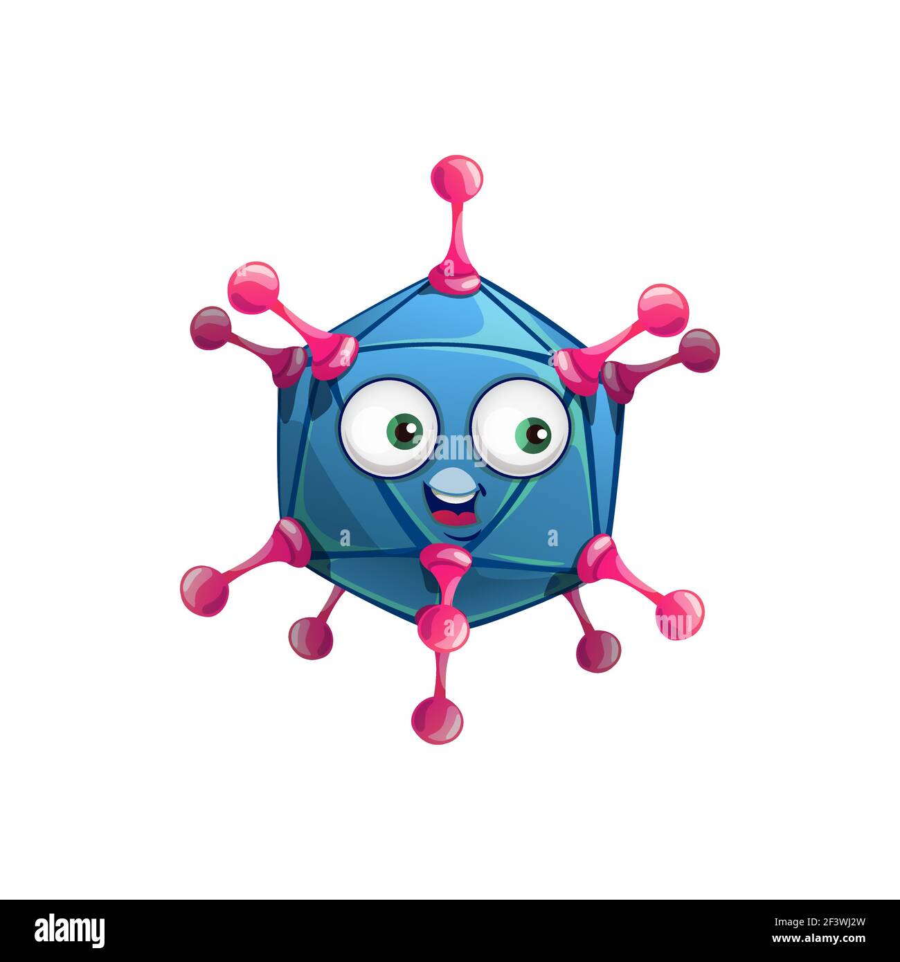 Icona vettore cellulare adenovirus cartone animato, virus, batteri o carattere germinale con volto sorridente. Mostro microbo patogeno con occhi grandi e larghi aperti, isolato b Illustrazione Vettoriale