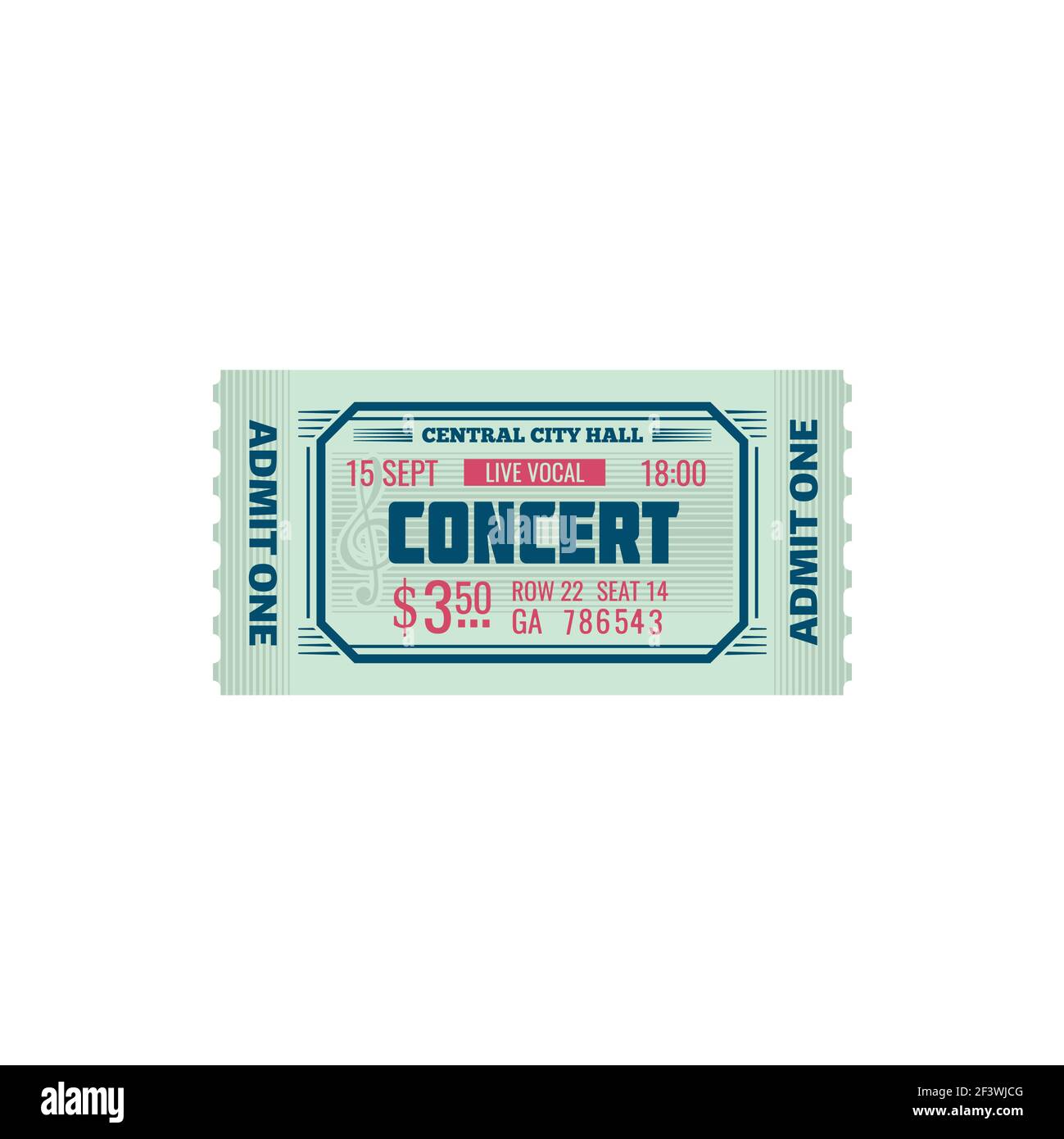 Biglietto per la grande sala concerti, spettacolo di musica famoso in tutto il mondo, modello di mockup isolato. Invito vettoriale alla sinfonia dell'orchestra, spettacolo di musica dal vivo sul palco. Illustrazione Vettoriale