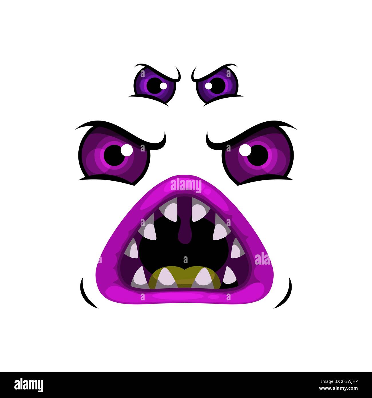 Monster faccia icona vettoriale cartoon, ruggente creatura Halloween, emozione con molti occhi viola arrabbiato e bocca togola rotonda. Verme creepy, alieno o spooky Illustrazione Vettoriale