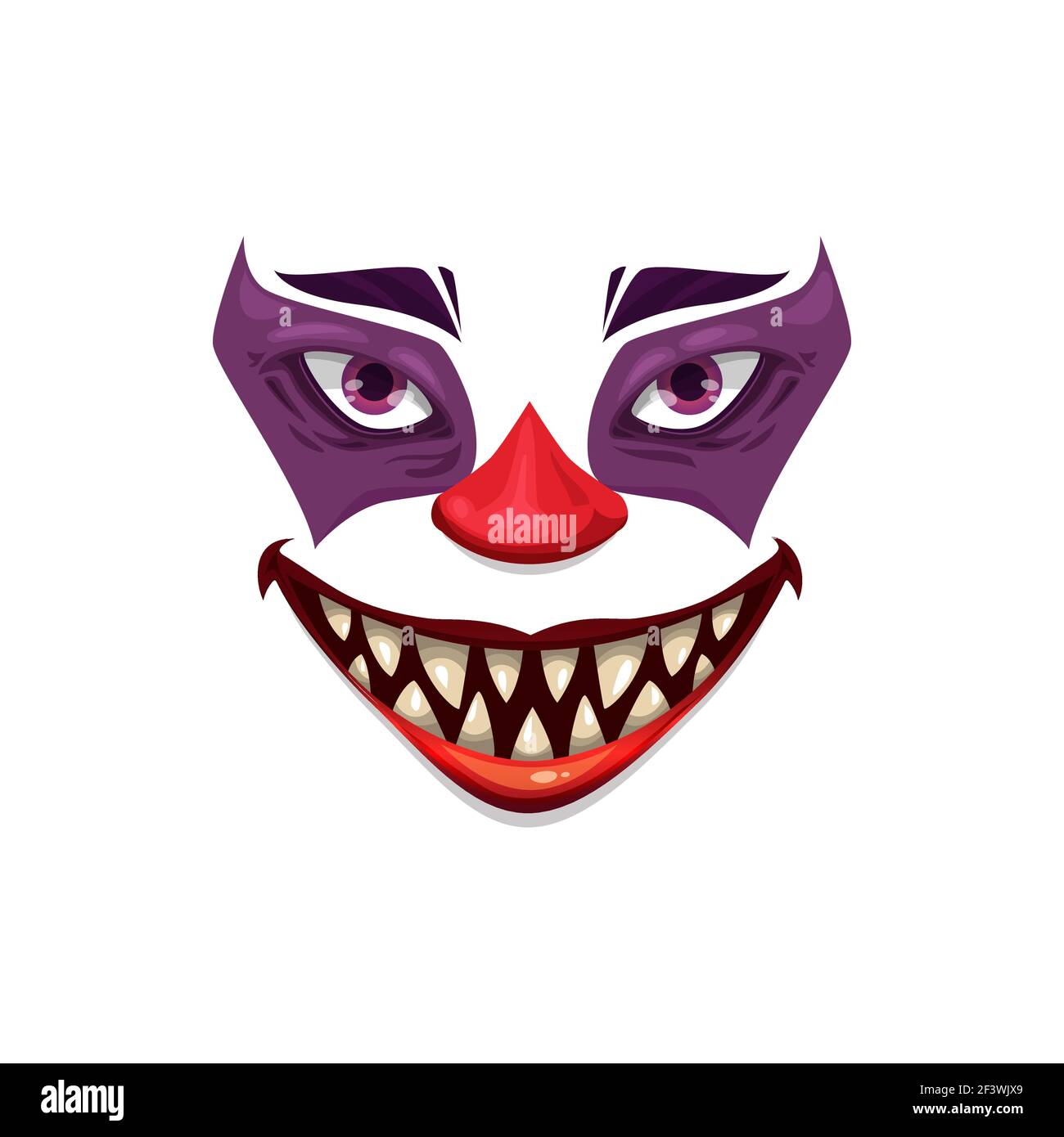 Icona del vettore del volto di clown spaventoso, personaggio di Halloween Creepy Smile funster. Maschera emoticon con trucco, naso rosso, occhi arrabbiati e denti affilati, orro isolato Illustrazione Vettoriale