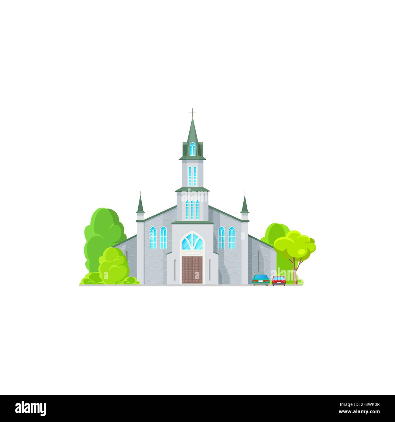 Chiesa cristiana isolata cappella cattolica icona cartoon. Facciata vettoriale esterna con alberi e veicolo, cattedrale o monastero evangelico o ortodosso bu Illustrazione Vettoriale