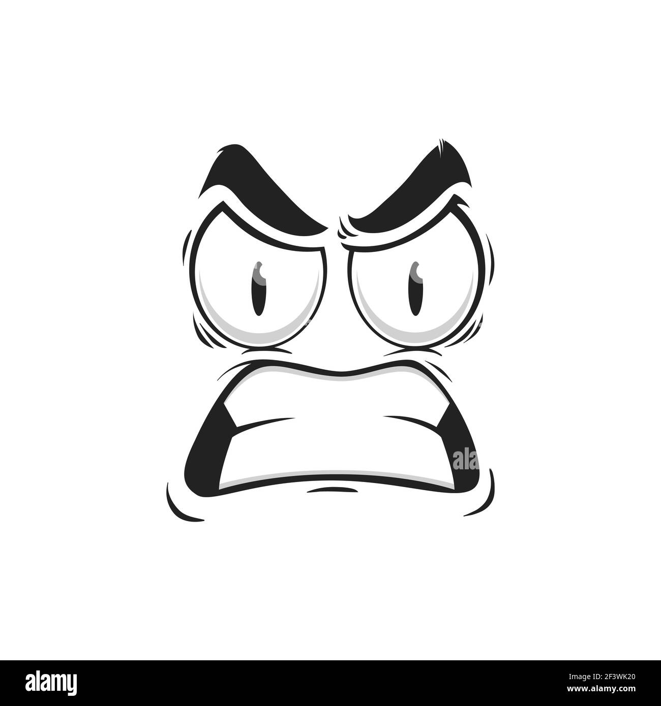Cartone animato vettore emoji viso con occhi arrabbiati e denti gnash. Espressione facciale negativa, sensazioni arrabbiate, faccia comica con le sopracciglia furtate e la bocca toothy Illustrazione Vettoriale