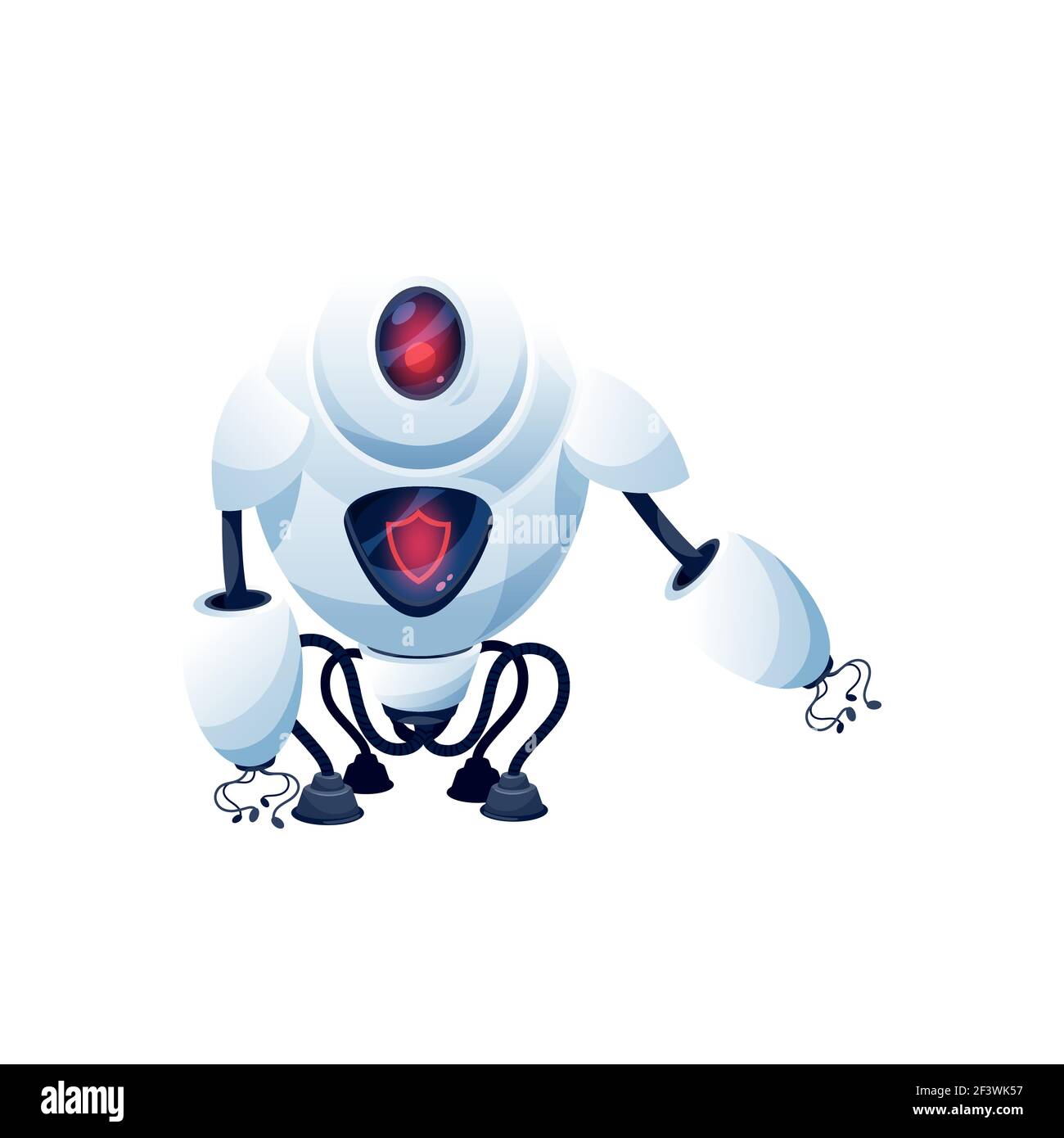 Personaggio cyborg vettore robot cartoon. Tecnologia di intelligenza artificiale, giocattolo o guardia bot con il viso digitale rosso incandescente, gambe flessibili su ventose, tenda Illustrazione Vettoriale