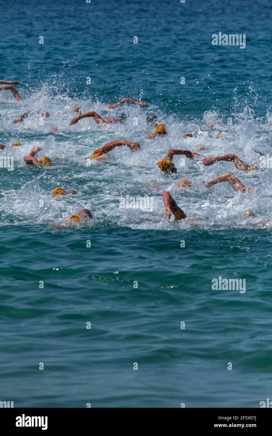 Atleti in nuoto in una gara di triathlon Foto Stock