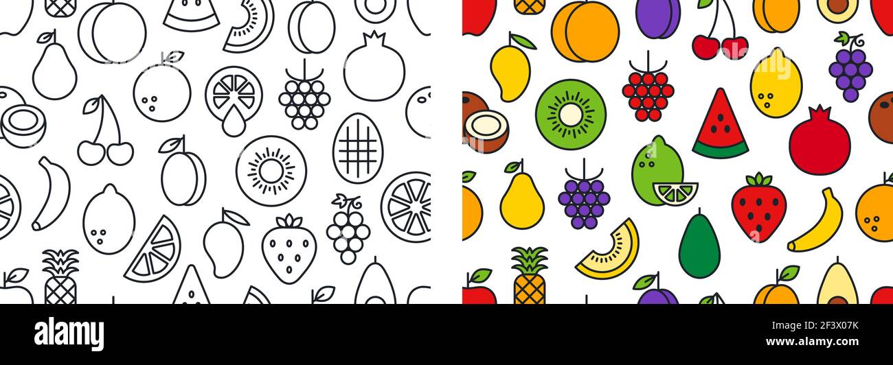 Insieme di motivi vettoriali senza giunture con frutti. Texture infinita, sfondo, sfondo. Icone lineari a colori. Contorno, forma, contorno. Cibo sano e. Illustrazione Vettoriale