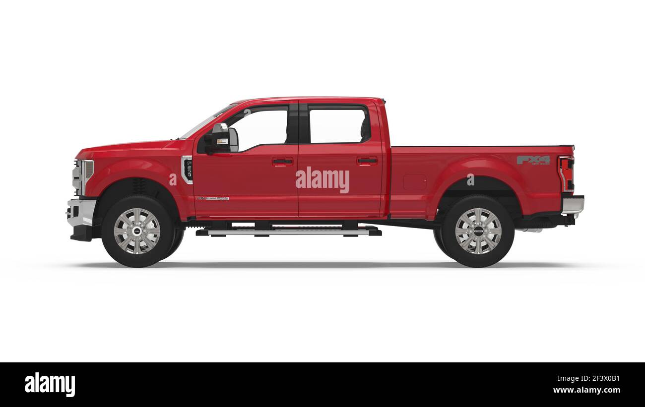 AUSTIN, STATI UNITI - Mar 05, 2018: Rendering di un camion rosso F-150 Ford su sfondo bianco. Ideale per la stampa o la grafica digitale. Foto Stock