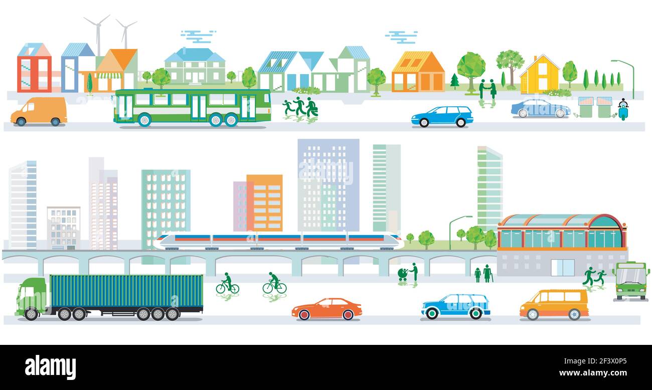 Silhouette della città con traffico e persone, comunità, mappa della città Illustrazione Vettoriale