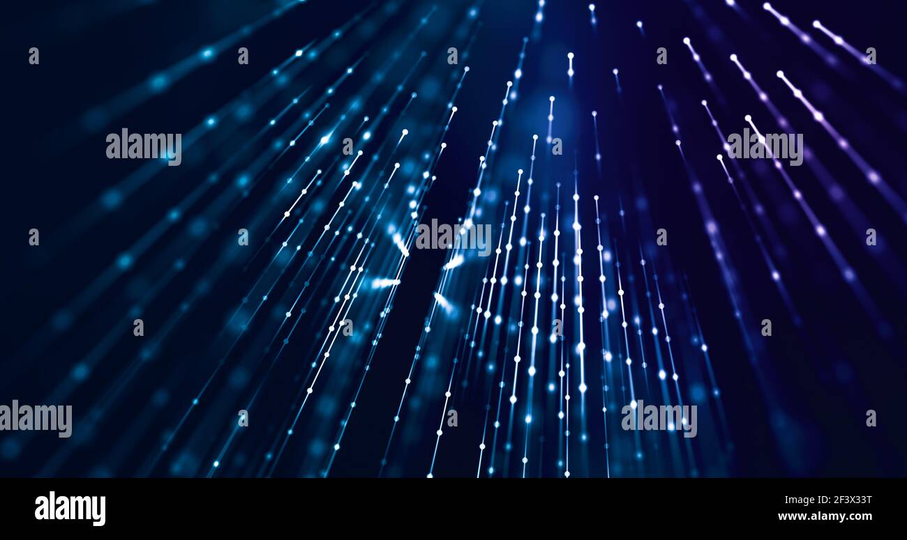 Trasferimento dati a velocità con punti e linee che rappresentano la fibra 5g. Tecnologia, social, cyber concept. rendering 3d. Foto Stock