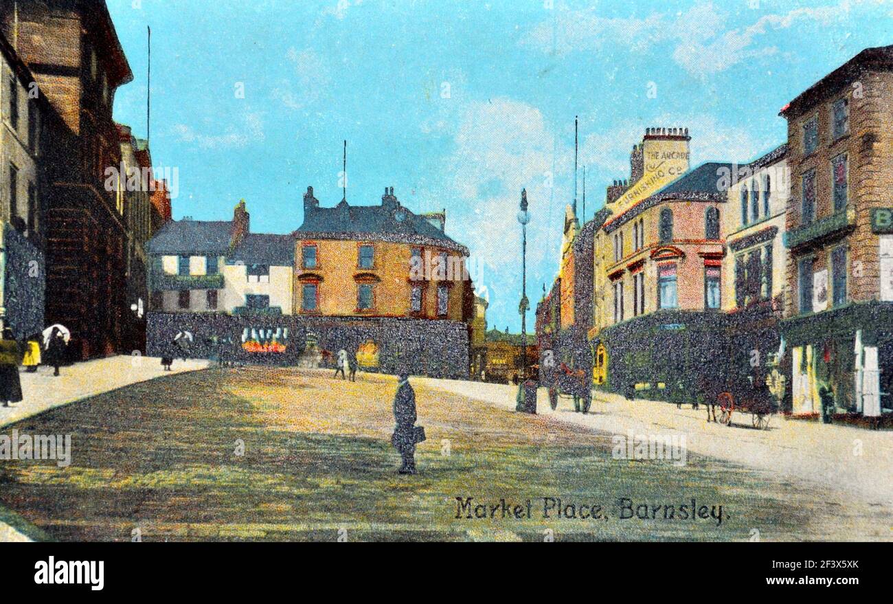 Market Place Barnsley, Yorkshire, Inghilterra, Regno Unito. Cartolina antica. Foto Stock