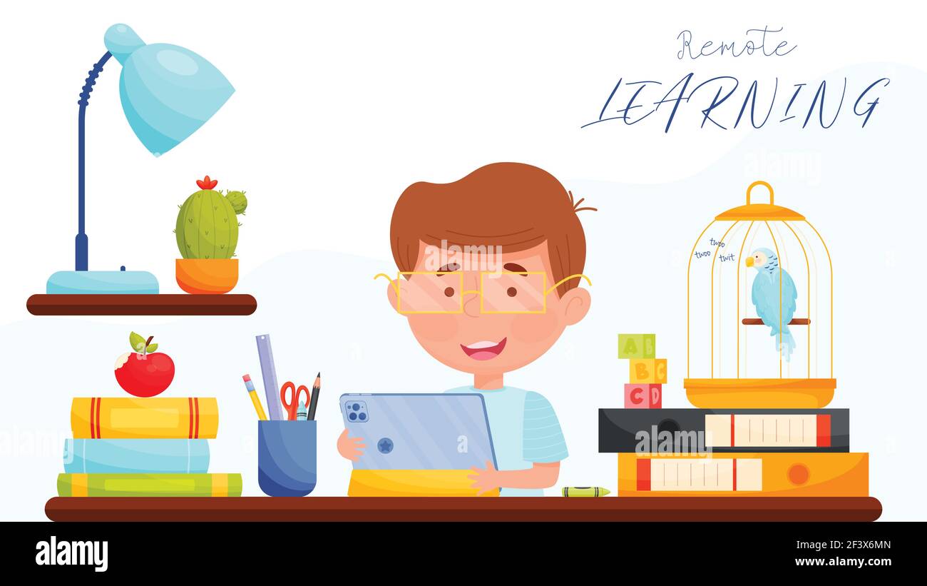 Ragazzo con il tablet seduto al tavolo. Formazione online. Concetto di apprendimento remoto. Illustrazione vettoriale. Illustrazione Vettoriale