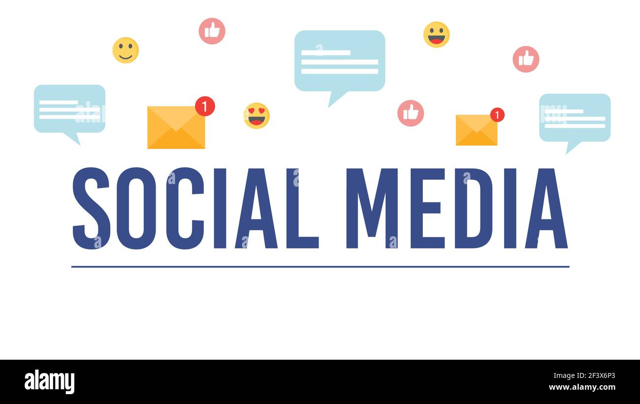 Concetto di social media. Con bolle di chat, emozioni e notifica via e-mail. Illustrazione vettoriale. Illustrazione Vettoriale