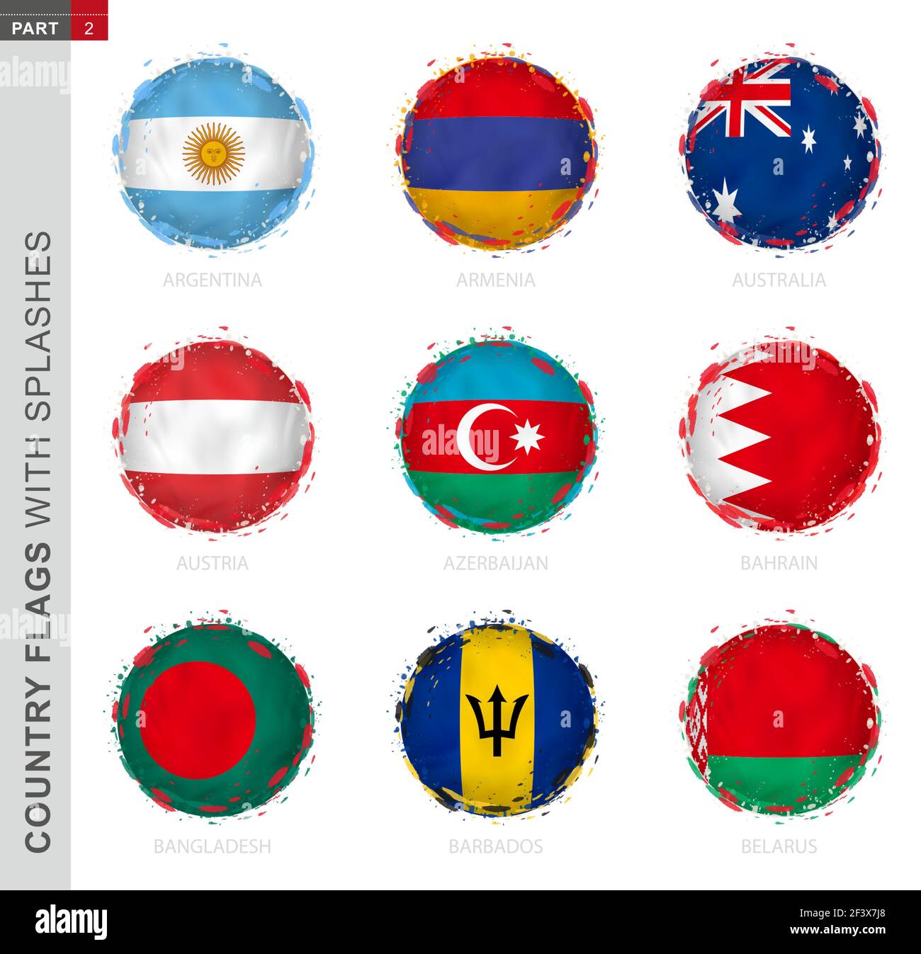 Collezione di bandiere, bandiera rotonda con spruzzi. 9 bandiere vettoriali: Argentina, Armenia, Australia, Austria, Azerbaigian, Bahrain, Bangladesh, Barbados, B. Illustrazione Vettoriale