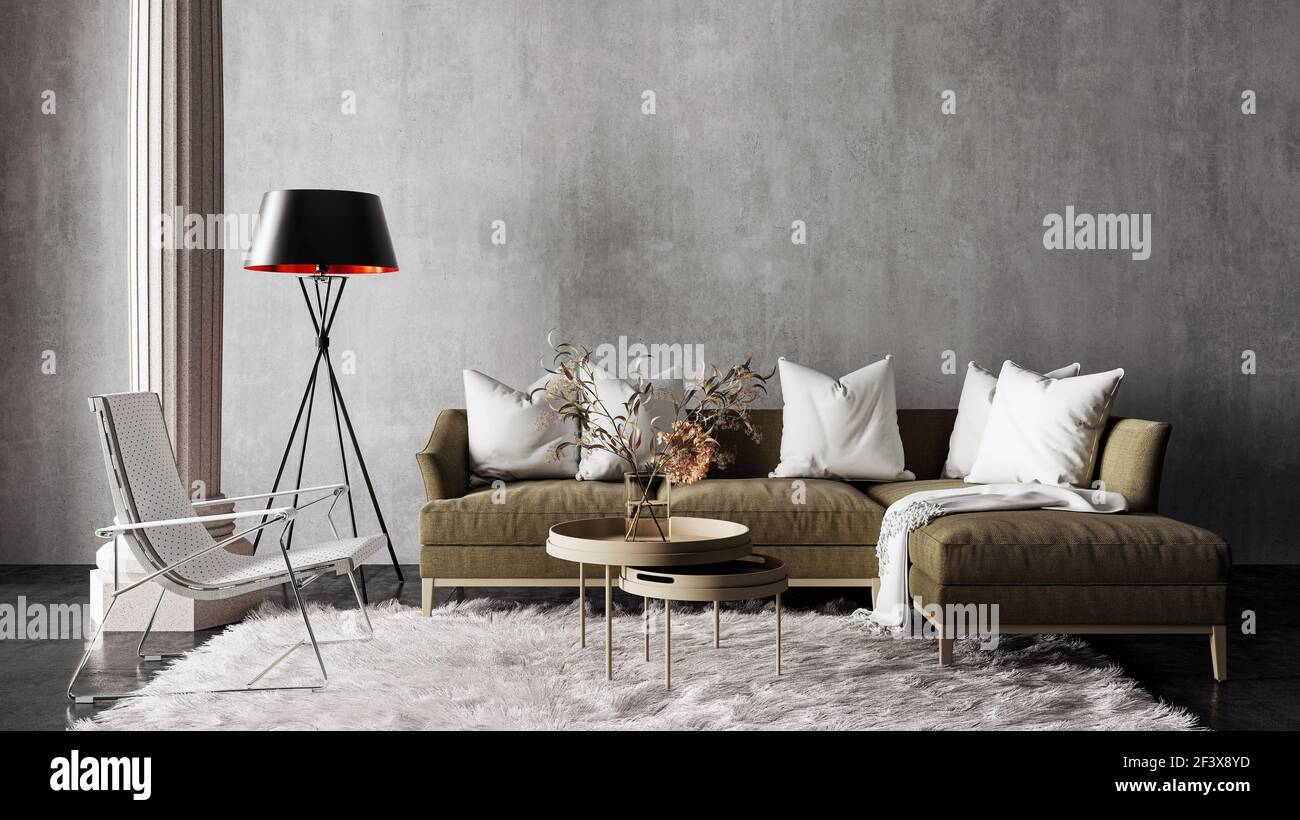 Design moderno degli interni del soggiorno con moquette bianca e parete vuota in cemento 3D rendering, illustrazione 3D Foto Stock