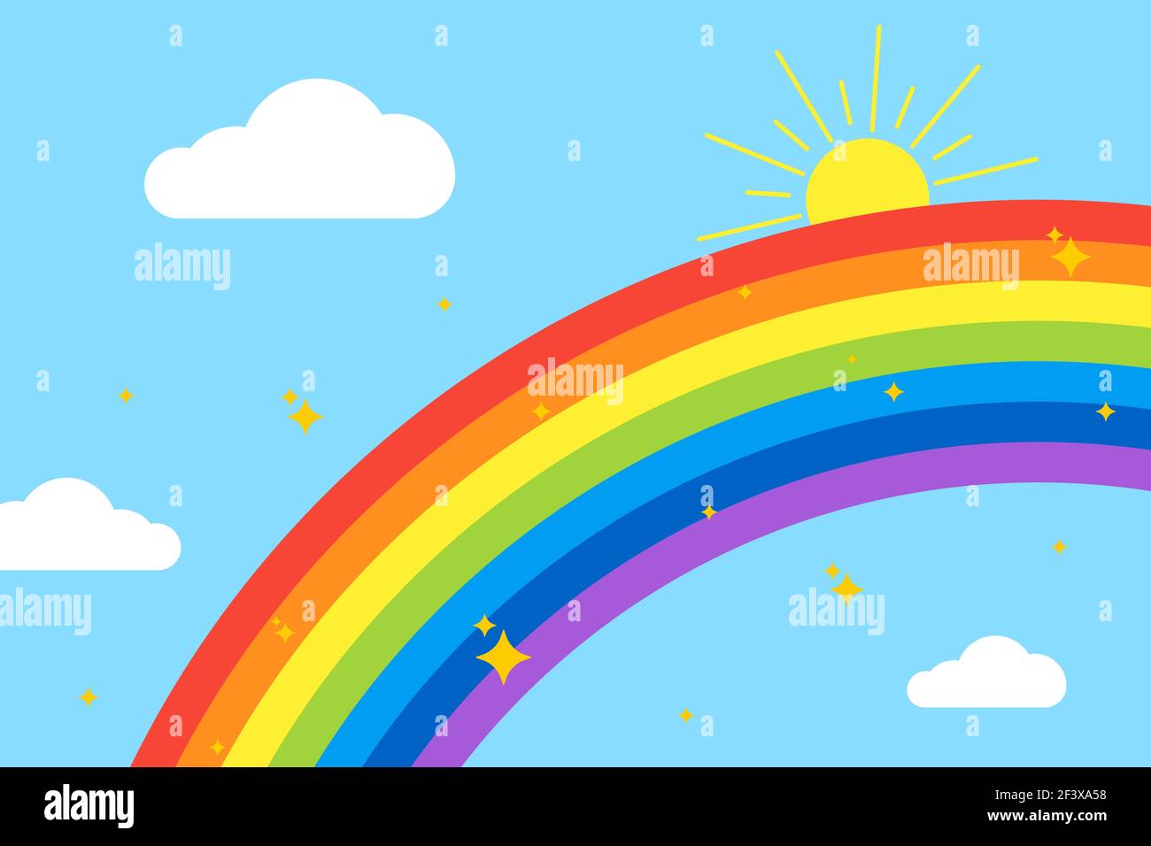 Sfondo arcobaleno. Cielo con arcobaleno, nuvole, sole e stelle. Isolato su sfondo azzurro. Illustrazione vettoriale. Illustrazione Vettoriale