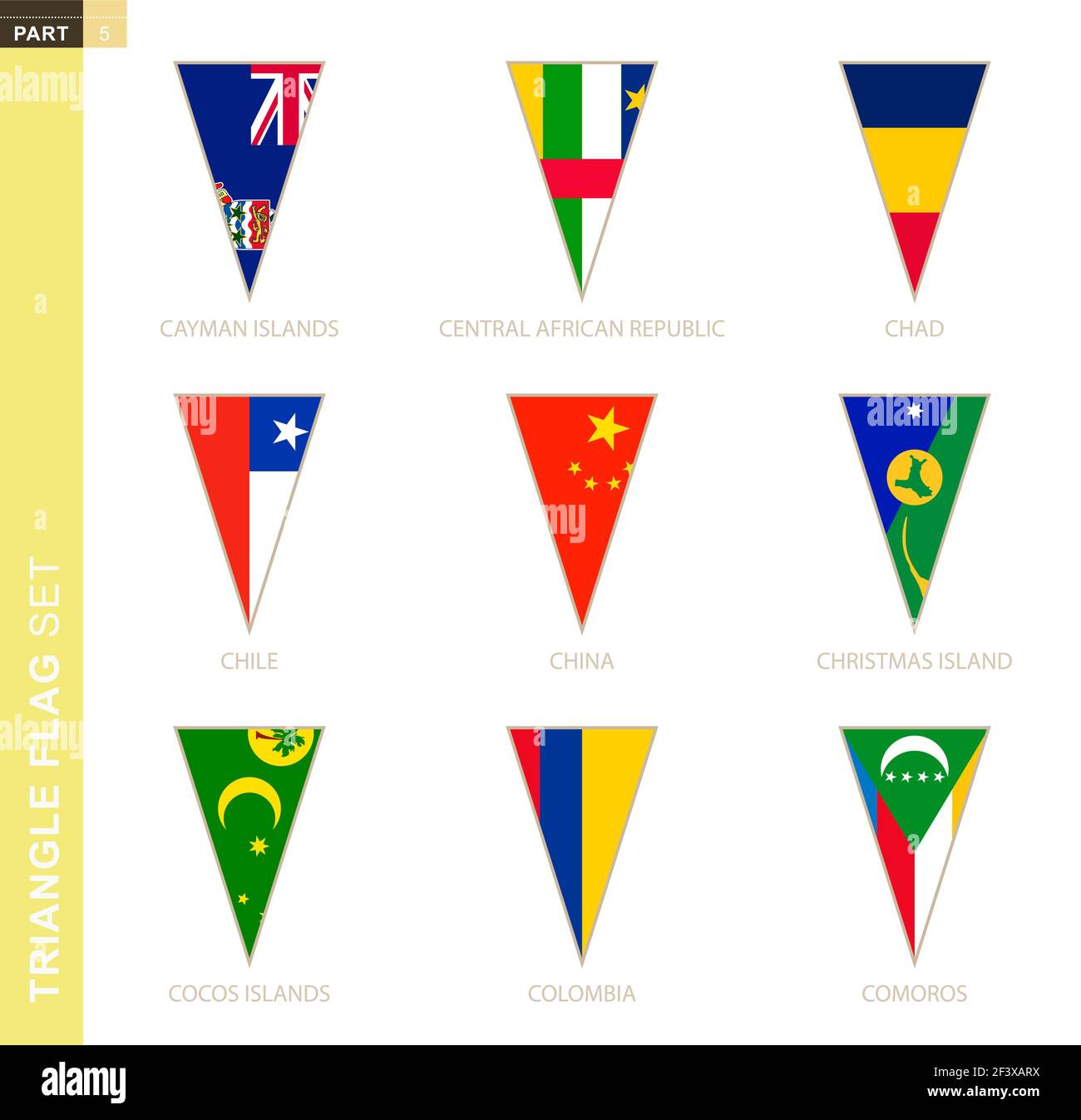 Set di bandiere triangolari, bandiere stilizzate delle Isole Cayman, Repubblica Centrafricana, Ciad, Cile, Cina, Isola di Natale, Isole Cocos, Colombia, Illustrazione Vettoriale