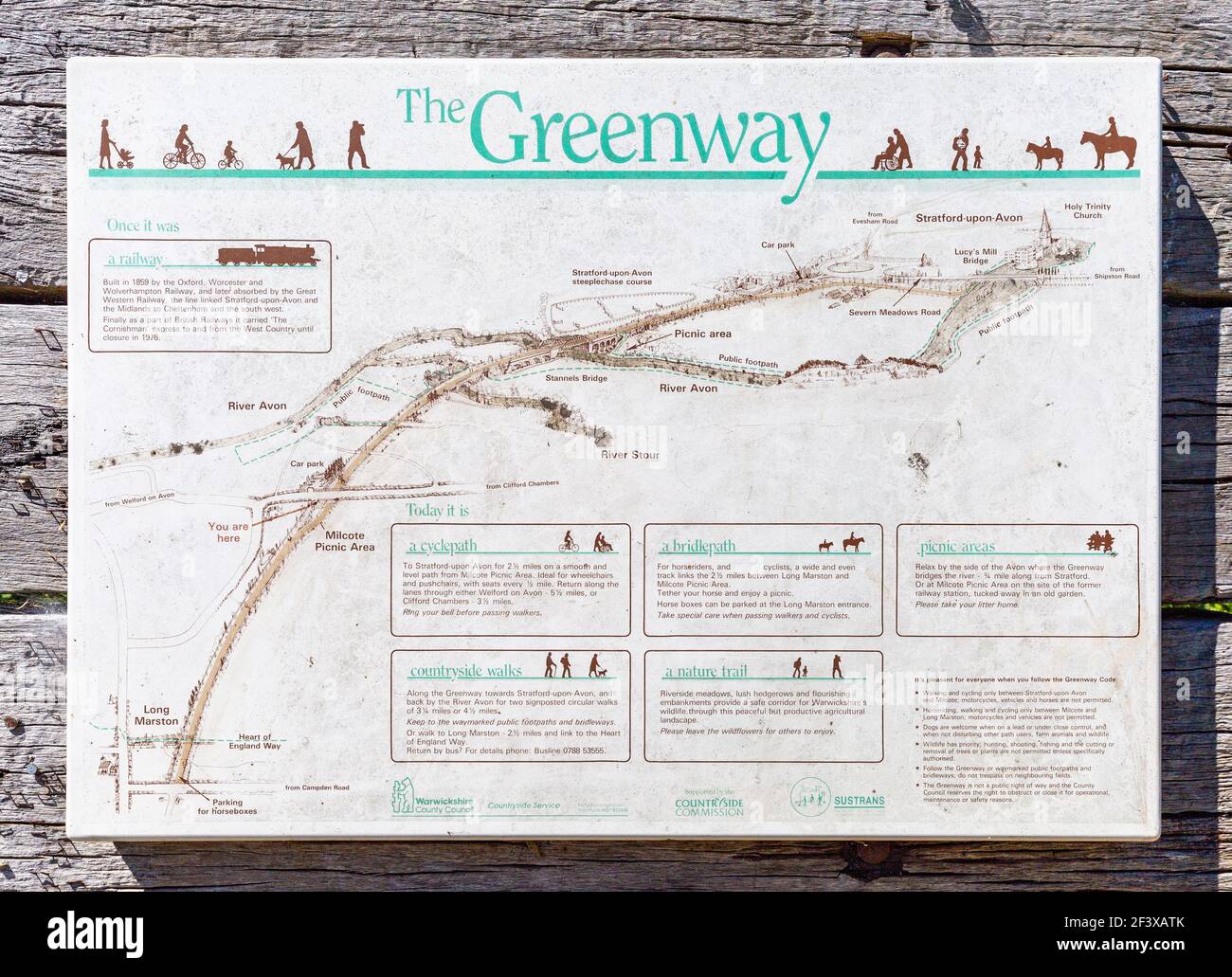 Una mappa del Greenway in mostra lungo la ferrovia in disuso a Stratford Upon Avon, Warwickshire, Inghilterra Foto Stock