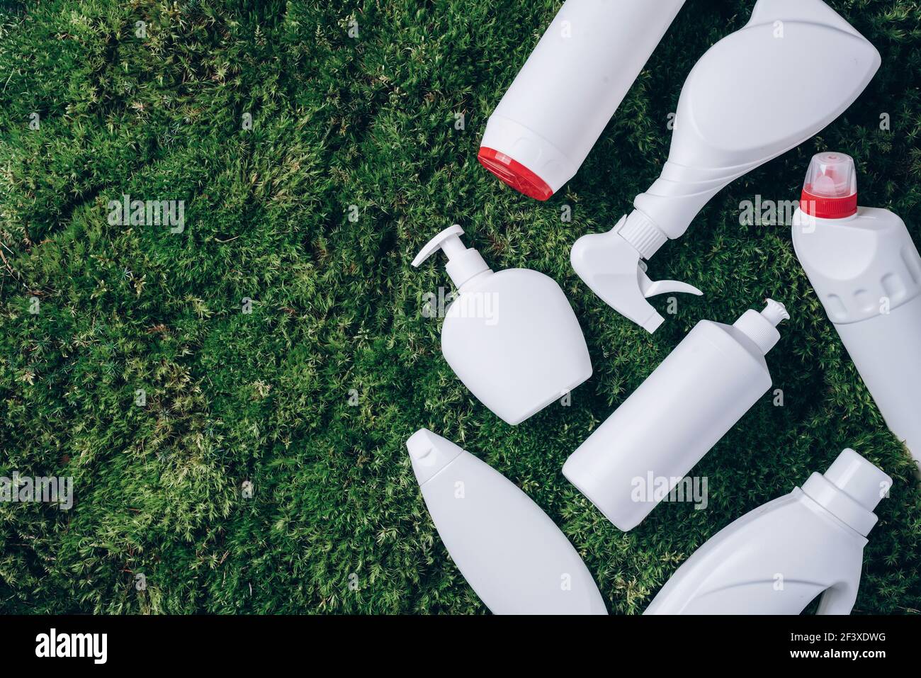 Composizione con bottiglie in plastica di prodotti per la pulizia su erba verde, fondo muschio. Vista dall'alto. Disposizione piatta. Spazio di copia. Rifiuti di plastica. Flacone detergente Foto Stock