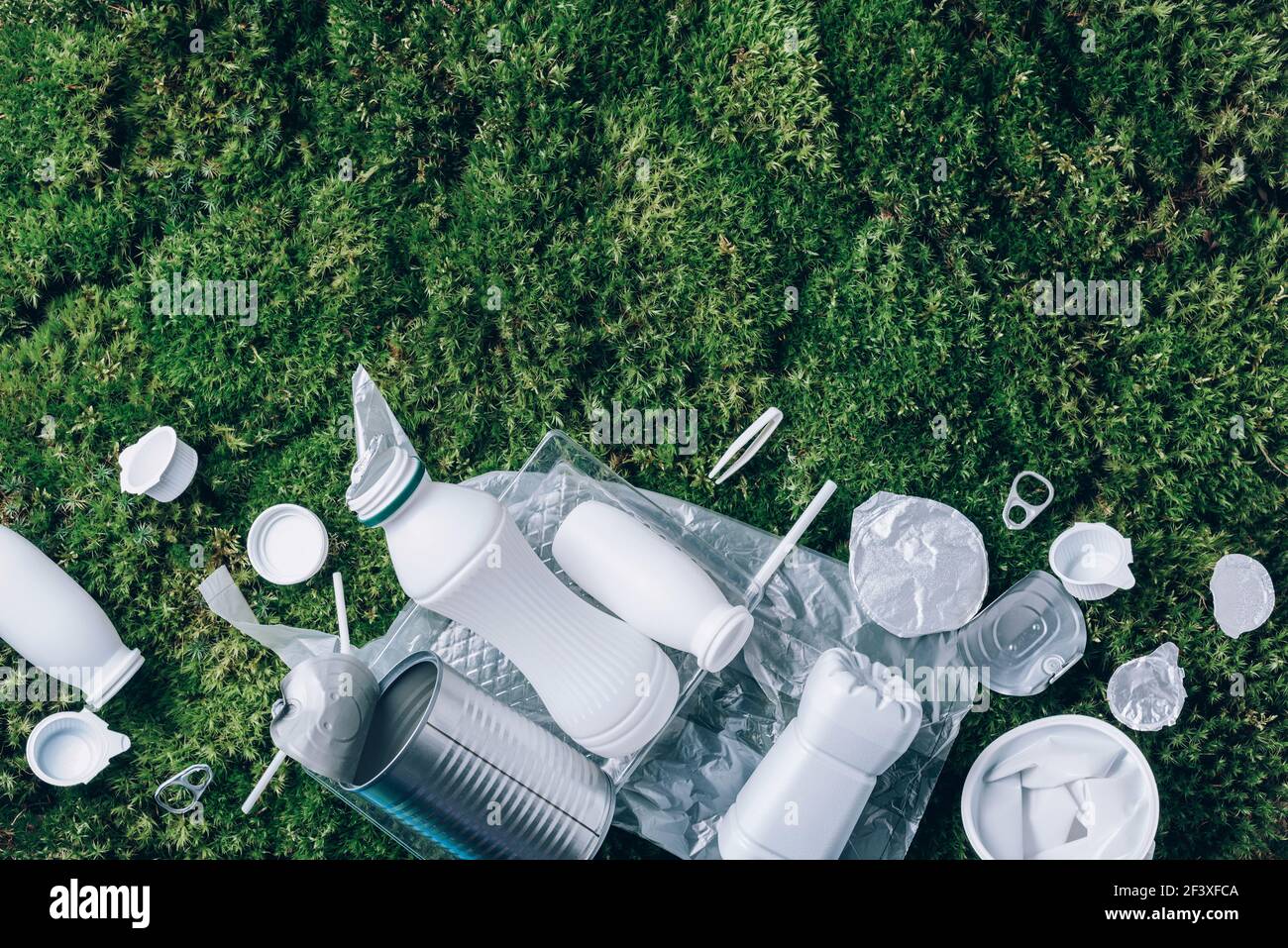 Imballaggio alimentare in plastica, rifiuti su sfondo muschio verde dopo pic-nic in foresta. Vista dall'alto. Spazio di copia. Riciclaggio della plastica. Inquinamento ambientale Foto Stock