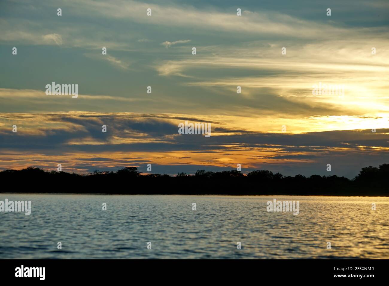 Tramonto su Laguna Grande nella riserva naturale di Cuyabeno fuori dal Lago Agrio, Ecuador Foto Stock