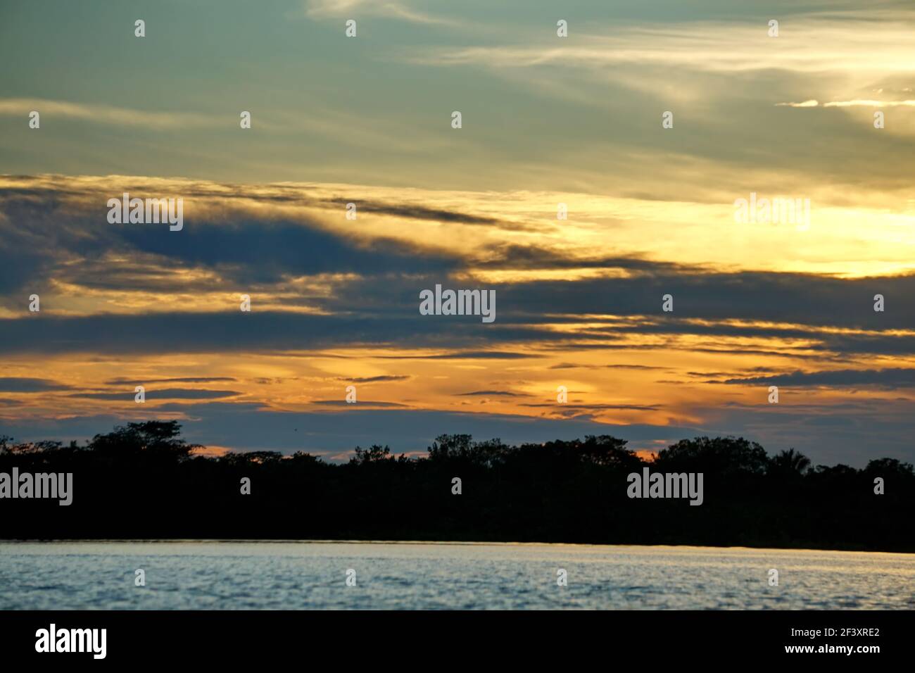 Tramonto su Laguna Grande nella riserva naturale di Cuyabeno fuori dal Lago Agrio, Ecuador Foto Stock