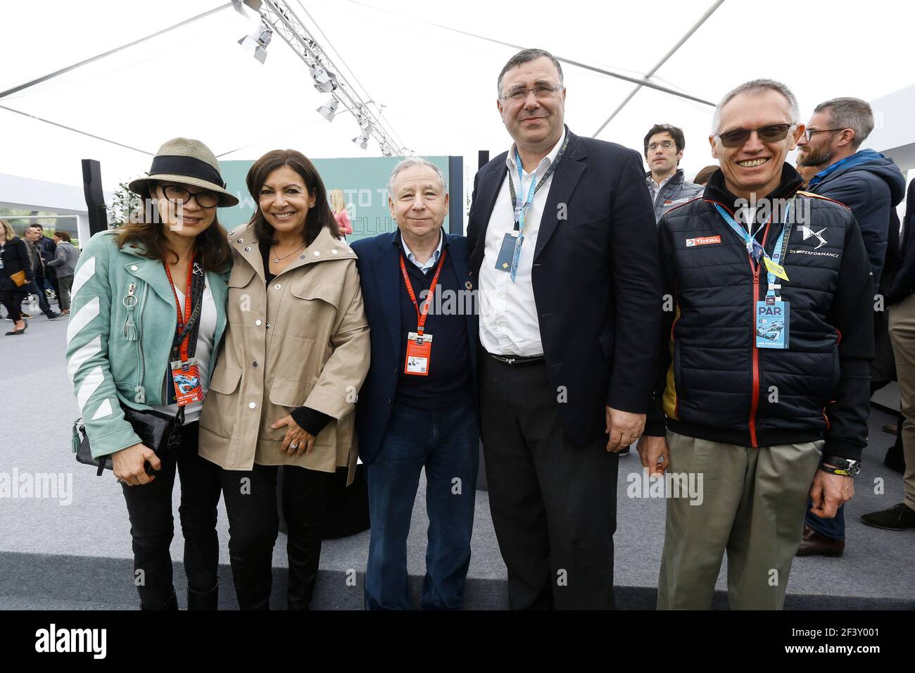 il presidente della FIA Jean Todt con la moglie Michelle Yeoh, il sindaco di Parigi Anne Hidalgo, il presidente totale Patrick Pouyanné, e il presidente del PSA Carlos Tavares, ritratto durante il campionato di Formula e 2018, a Parigi, Francia dal 27 al 29 aprile - Foto Jean Michel le Meur / DPPI Foto Stock