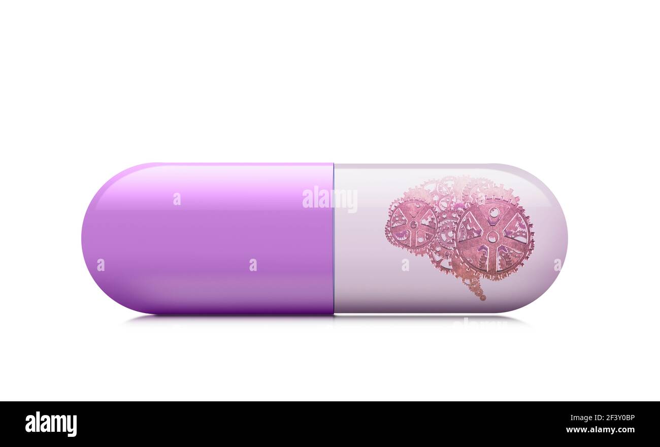 Capsula di medicina su sfondo bianco, concetto di medicina del cervello. Foto Stock