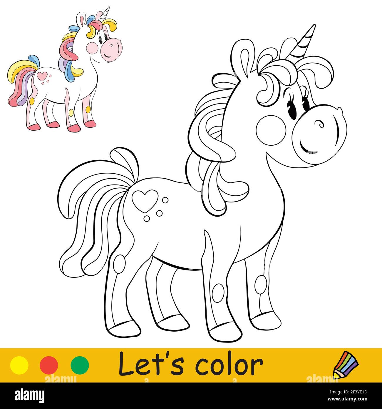 Simpatico unicorno giocattolo con creme arcobaleno. Colorare la pagina del libro con il modello colorato. Immagine vettoriale cartoon isolata su bianco. Per il libro da colorare, Presc Illustrazione Vettoriale