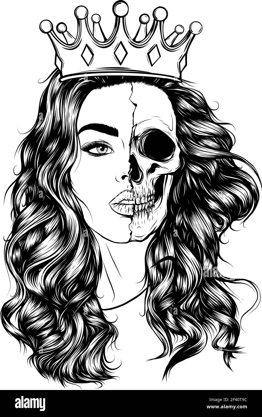 Draw in nero e bianco di Skull faccia ragazza con una corona con capelli verdi Illustrazione Vettoriale