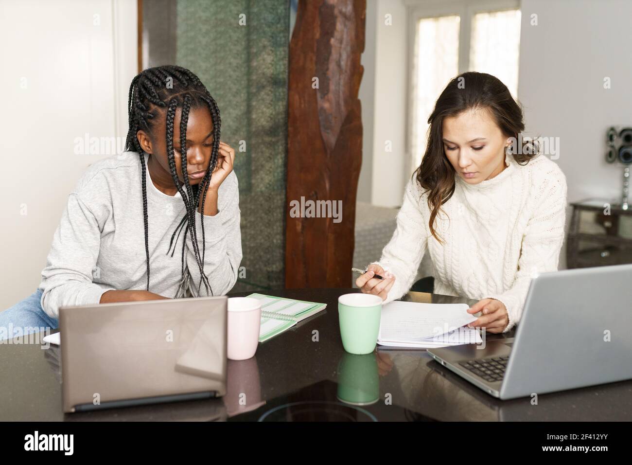 Due ragazze dell'università che studiano insieme a casa con i laptop mentre bevono il caffè. Donne multietniche.. Due ragazze dell'università che studiano insieme a casa con i laptop mentre bevono il caffè Foto Stock