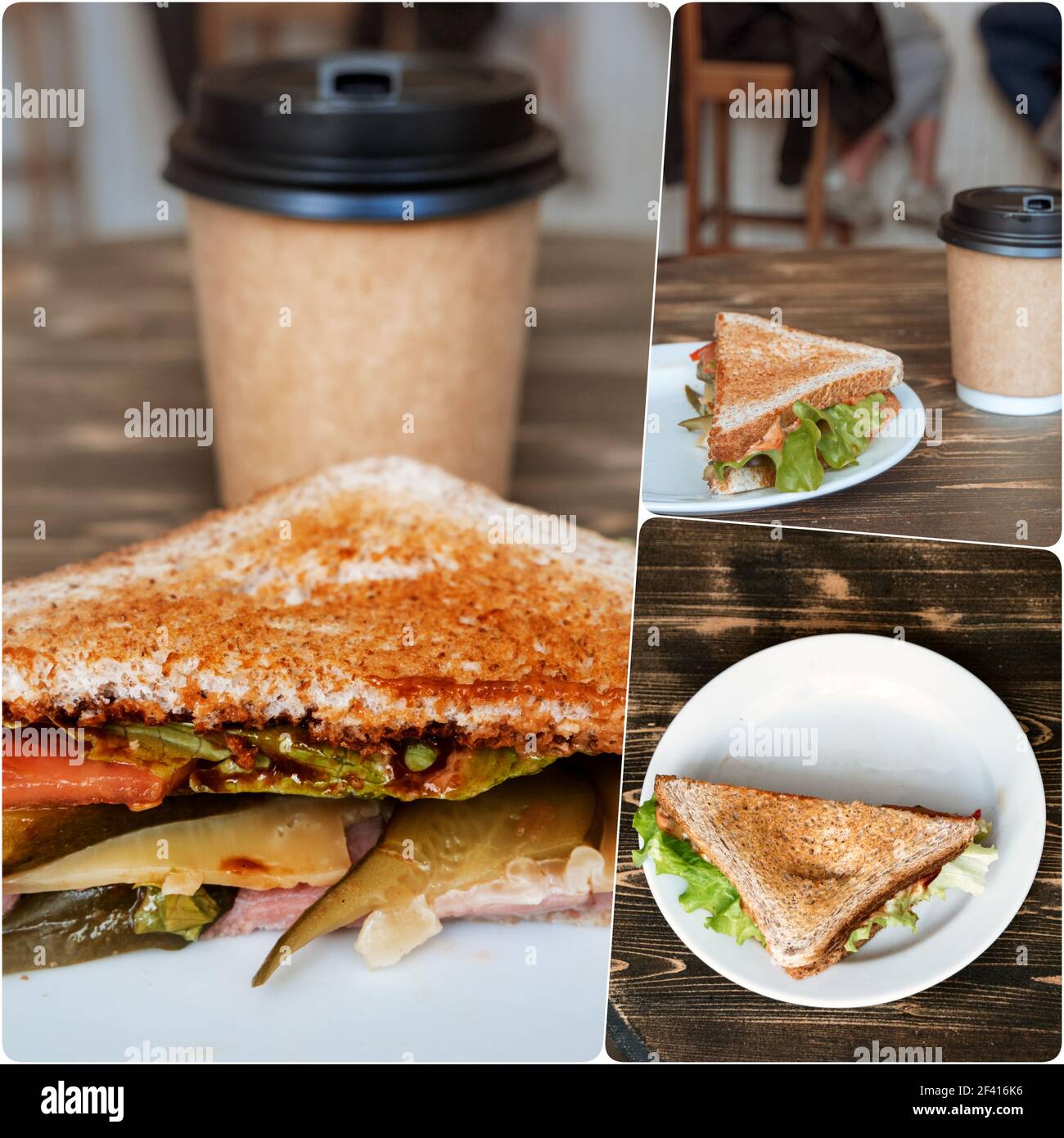 Collage di immagini con sandwich e modelli di caffè. Sandwich e dima caffè Foto Stock