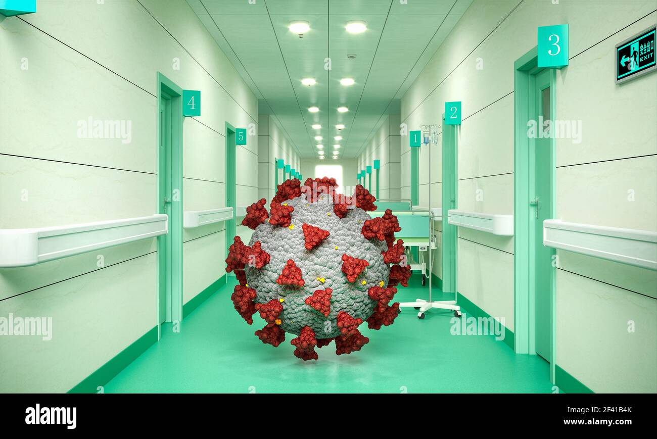 virus covid-19 all'interno di un ospedale. rendering 3d. concetto di contagio Foto Stock