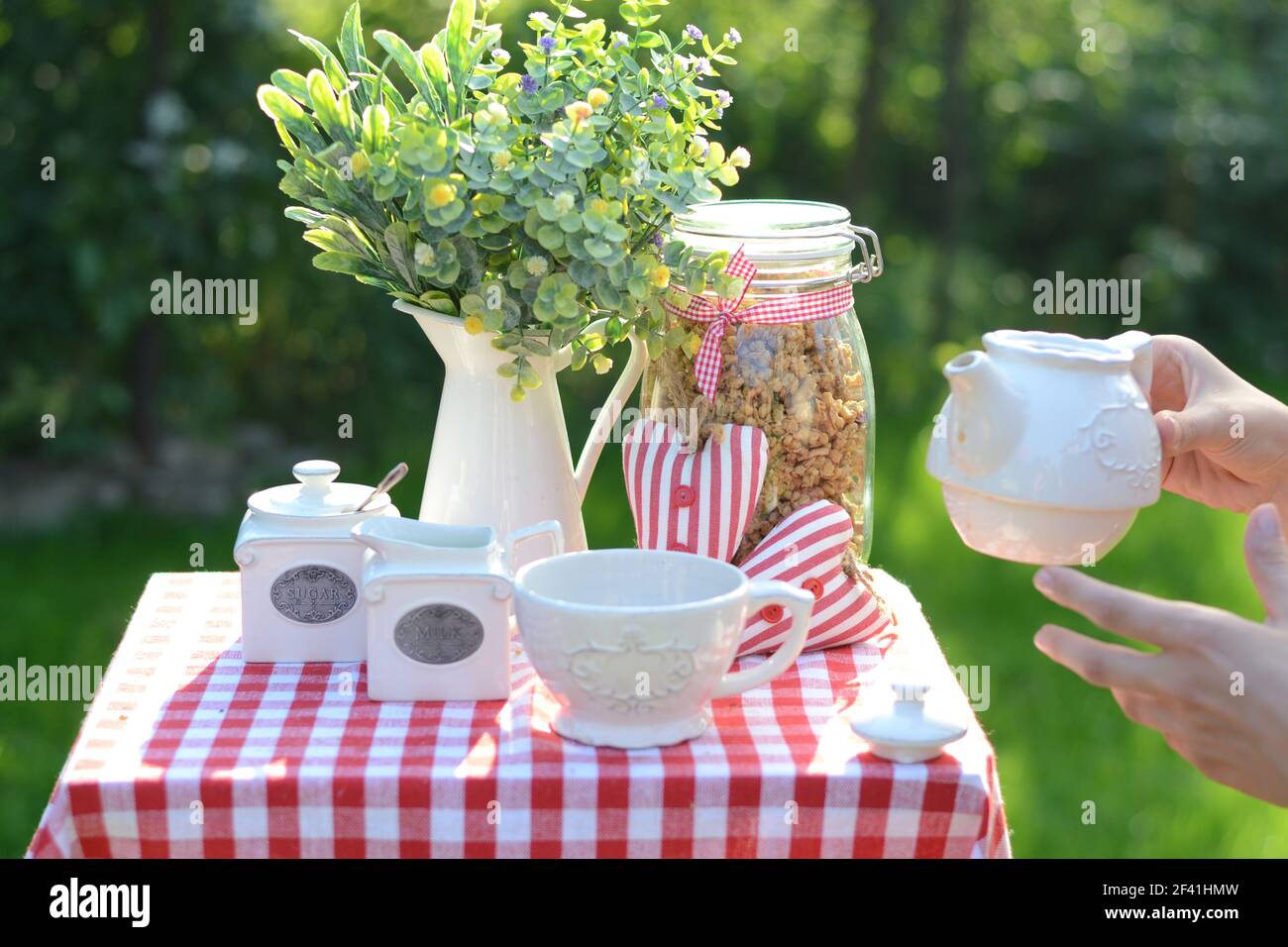 Immagine di una sana colazione in giardino Foto Stock