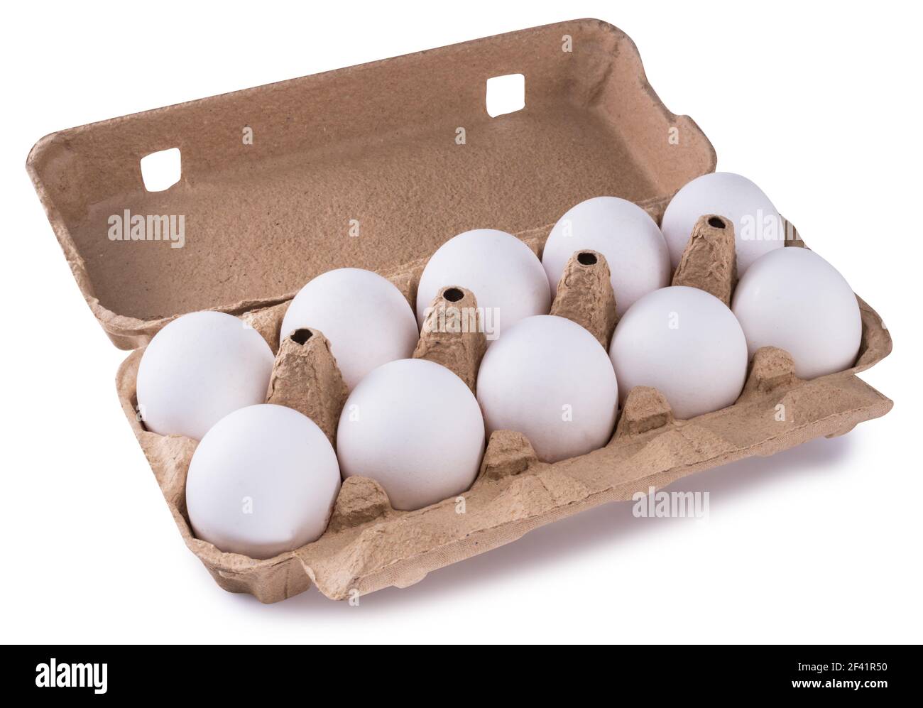 Aprire la scatola di cartone per la confezione delle uova isolata su sfondo bianco. Il file contiene il percorso di ritaglio. Foto Stock