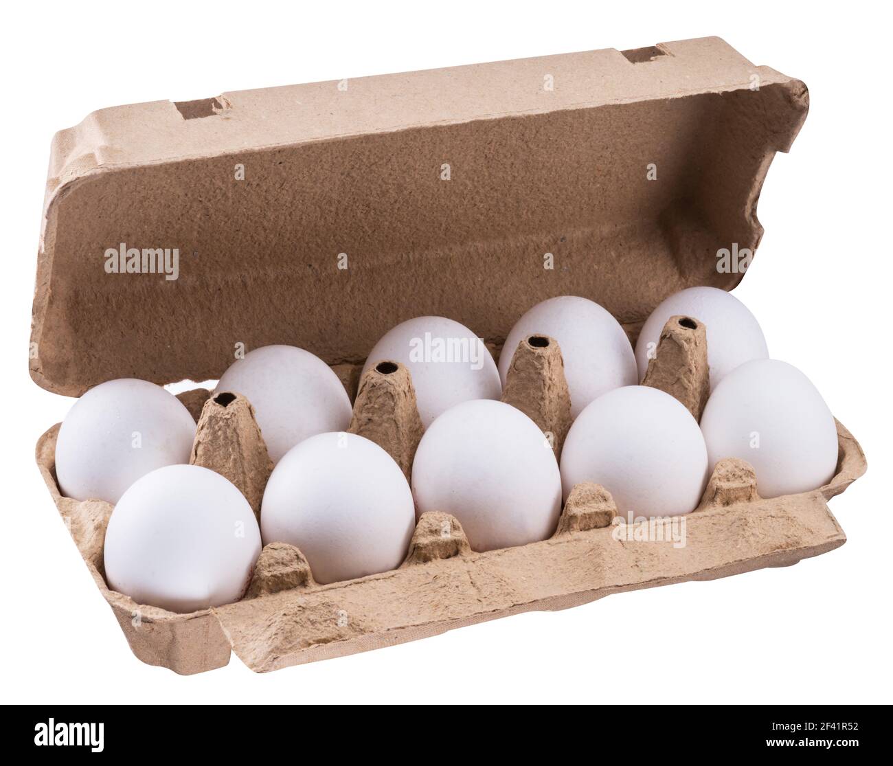 Aprire la scatola di cartone per la confezione delle uova isolata su sfondo bianco. Il file contiene il percorso di ritaglio. Foto Stock