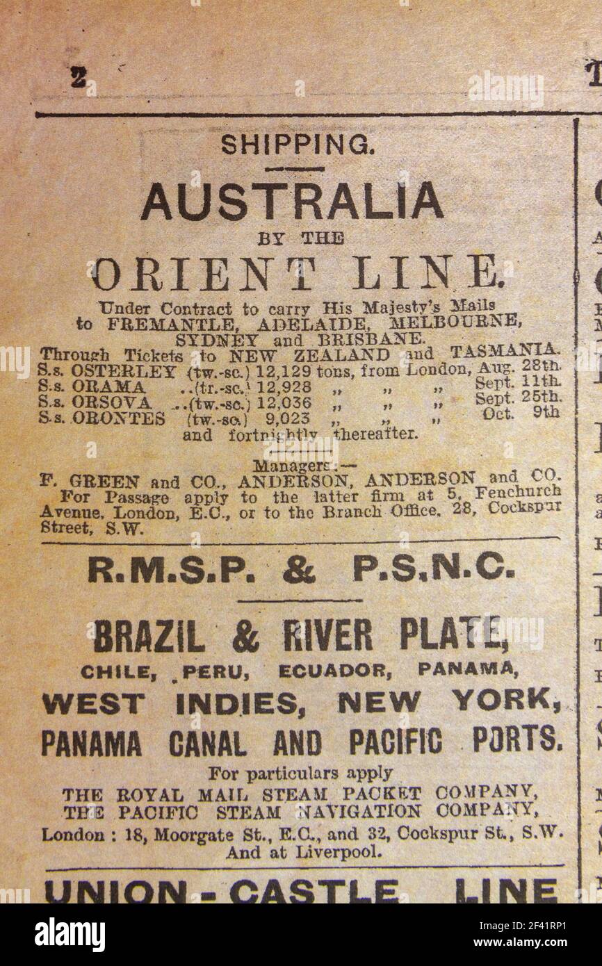 Annuncio per il viaggio della nave da crociera in Australia, la rivista 'The Daily Graphic' Wartime (12 agosto 1914), replica cimeli dell'era della prima guerra mondiale. Foto Stock